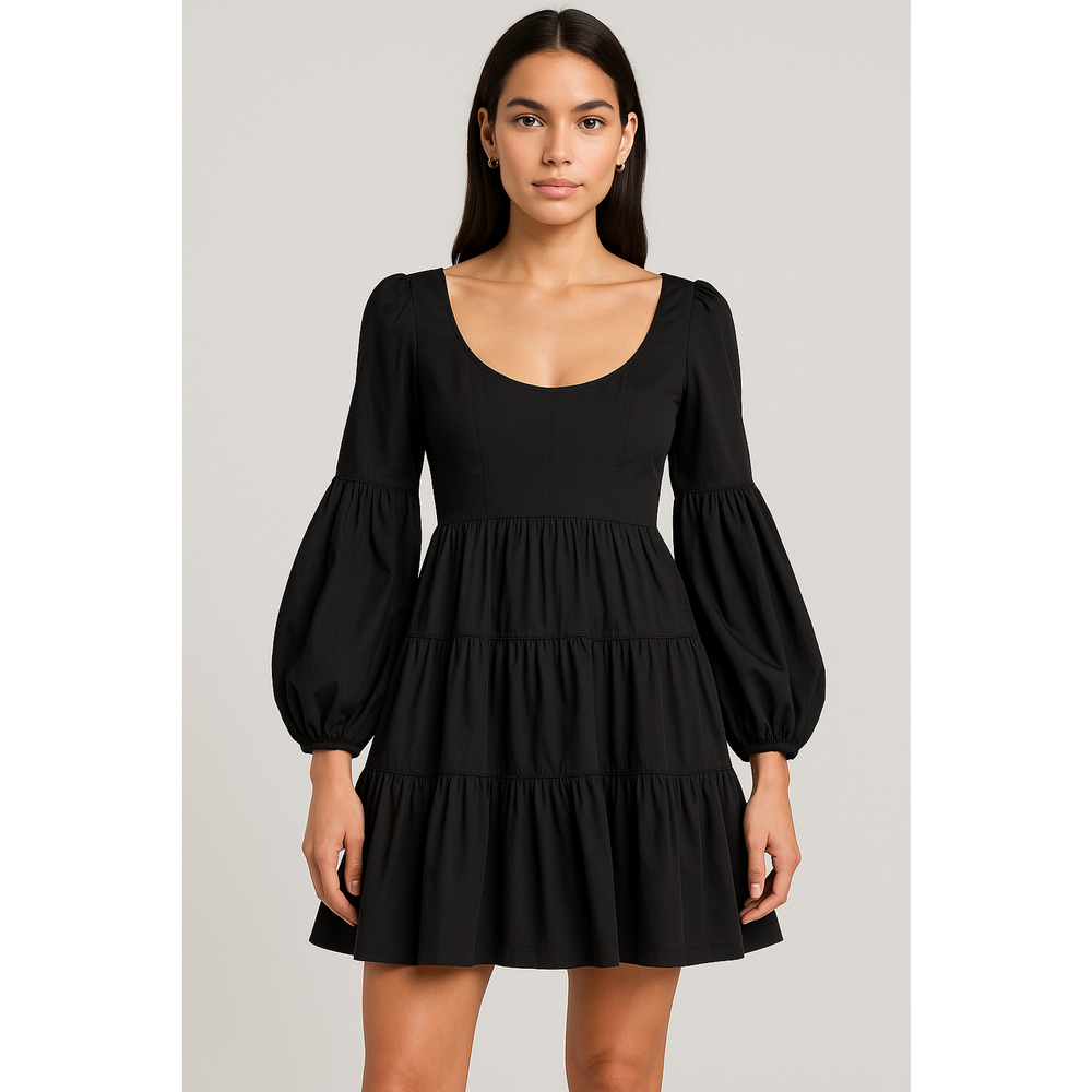 Cinq a Sept Rose Tiered Mini Dress Womens 2 Black Bishop Sleeve Cottage Boho